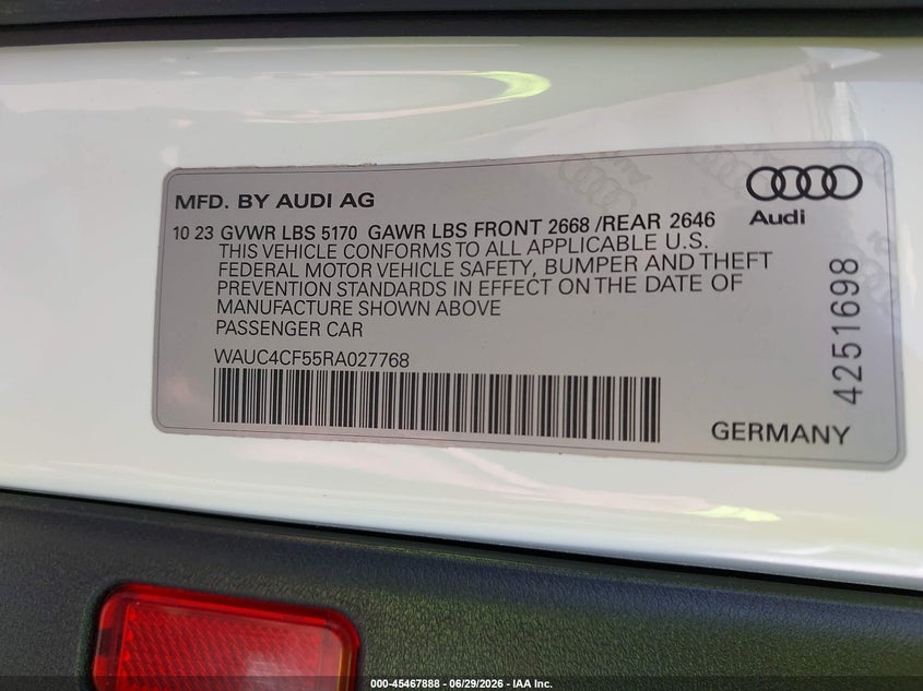 2024 Audi S5 VIN WAUC4CF55RA027768 IAAI salvage auction — FRONT END, Salvage Title, sold $12,975 on 2026-09-08 (photo 9)