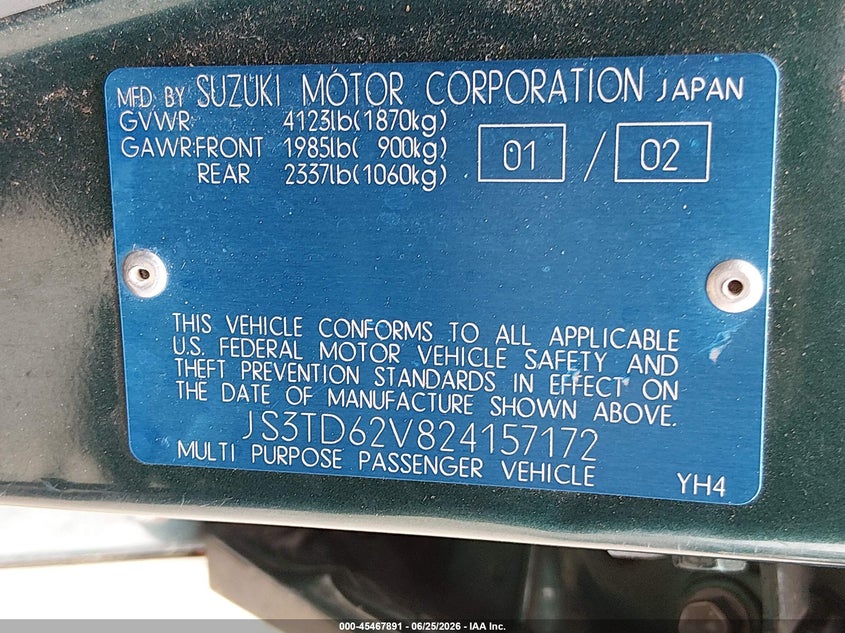 2002 Suzuki Grand vitara VIN JS3TD62V824157172 IAAI salvage auction — NORMAL WEAR, Clear (Washington), sold $500 on 2026-07-08 (photo 9)