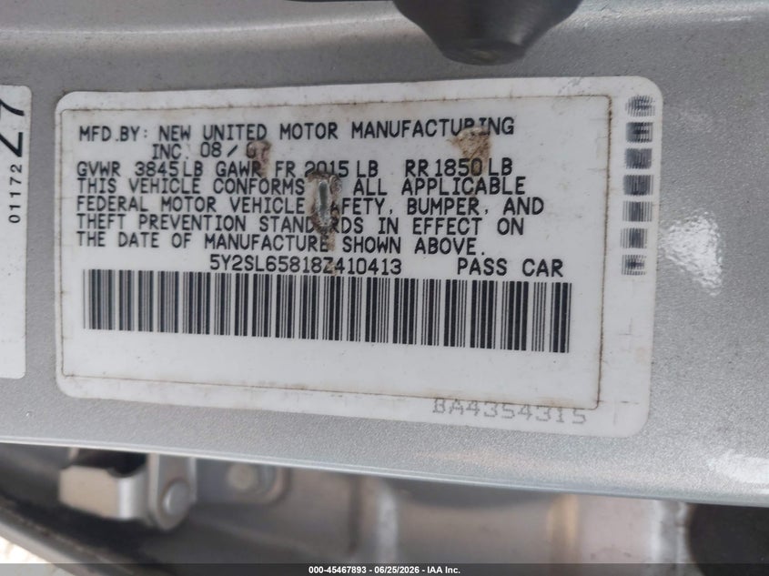 2008 Pontiac Vibe VIN 5Y2SL65818Z410413 IAAI salvage auction — LEFT FRONT, Rebuildable (Florida), sold $400 on 2026-07-23 (photo 9)