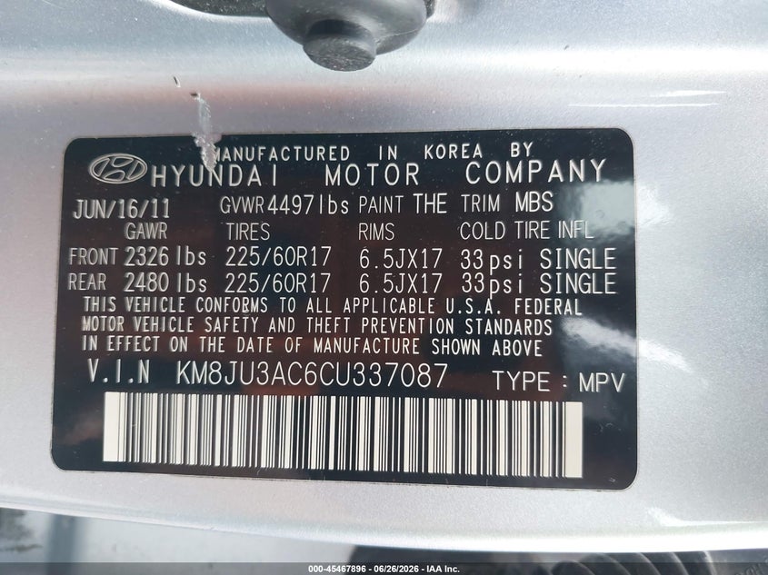 2012 Hyundai Tucson VIN KM8JU3AC6CU337087 IAAI salvage auction — FRONT END, Salvage (Missouri), sold $2,400 on 2026-07-22 (photo 9)