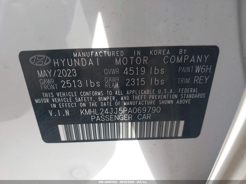 2023 Hyundai Sonata VIN KMHL24JJ5PA069790 IAAI salvage auction — SIDE, Salvage - Greater Than 75% (Maryland), sold $5,075 on 2026-07-22 (photo 9)