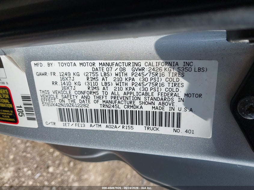 2009 Toyota Tacoma VIN 5TEUX42N19Z612282 IAAI salvage auction — ROOF, Salvage (Ohio), sold $2,950 on 2026-07-29 (photo 9)