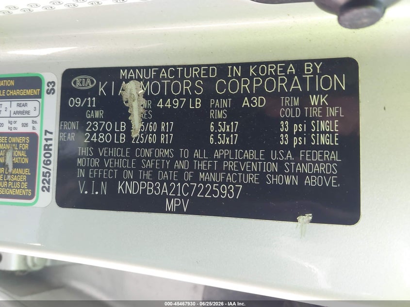 2012 Kia Sportage VIN KNDPB3A21C7225937 IAAI salvage auction — REAR END, Salvage (California), sold $2,550 on 2026-07-09 (photo 9)
