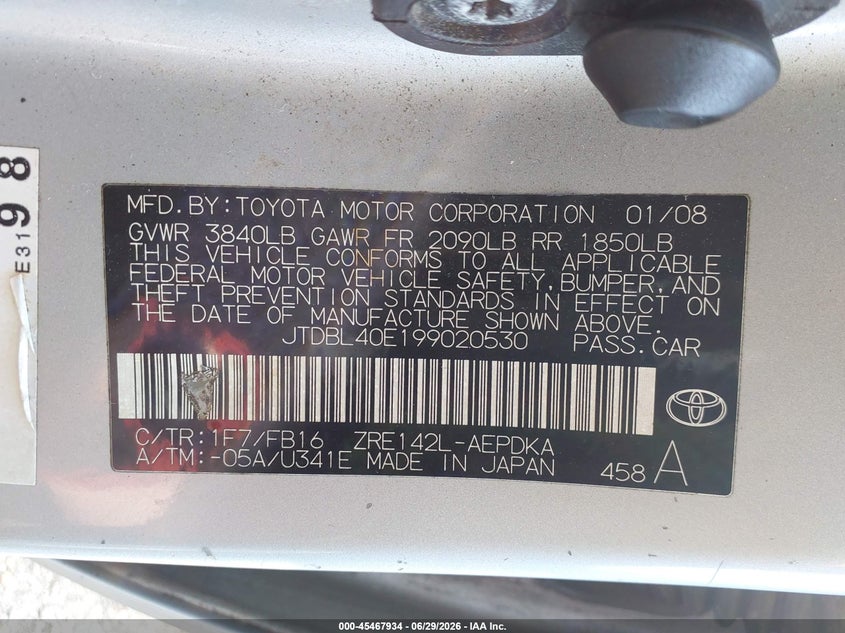 2009 Toyota Corolla VIN JTDBL40E199020530 IAAI salvage auction — NORMAL WEAR, Clear (New Jersey), sold $1,550 on 2026-07-09 (photo 9)