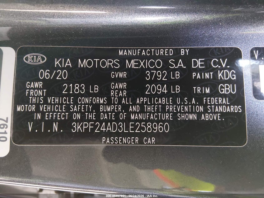 2020 Kia Forte VIN 3KPF24AD3LE258960 IAAI salvage auction — REAR END, Salvage Title, sold $2,850 on 2026-07-22 (photo 9)