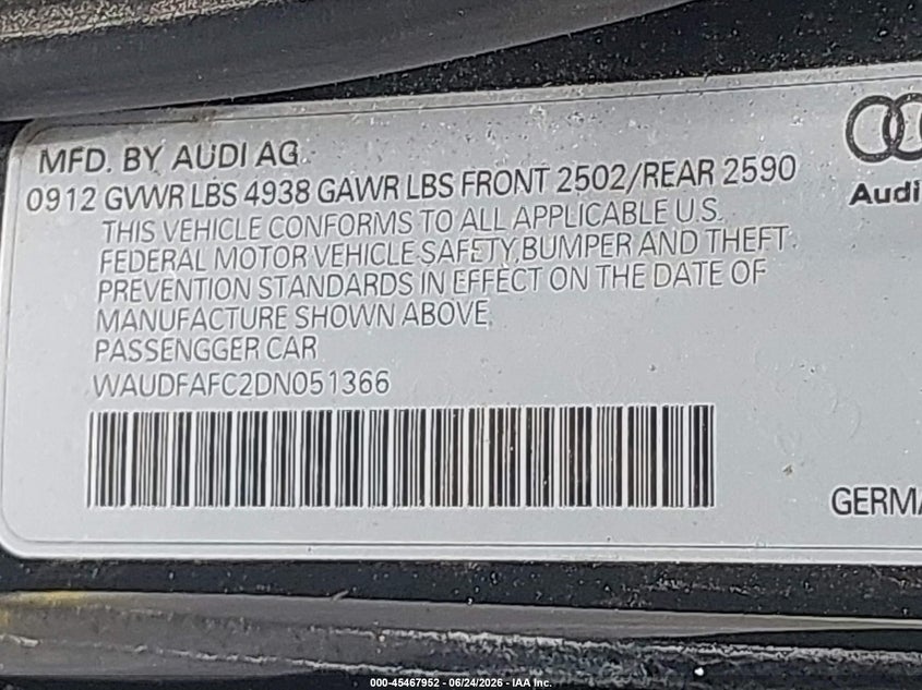 2013 Audi A6 VIN WAUDFAFC2DN051366 IAAI salvage auction — STRIPPED, Clear (Florida), sold $550 on 2026-07-16 (photo 9)