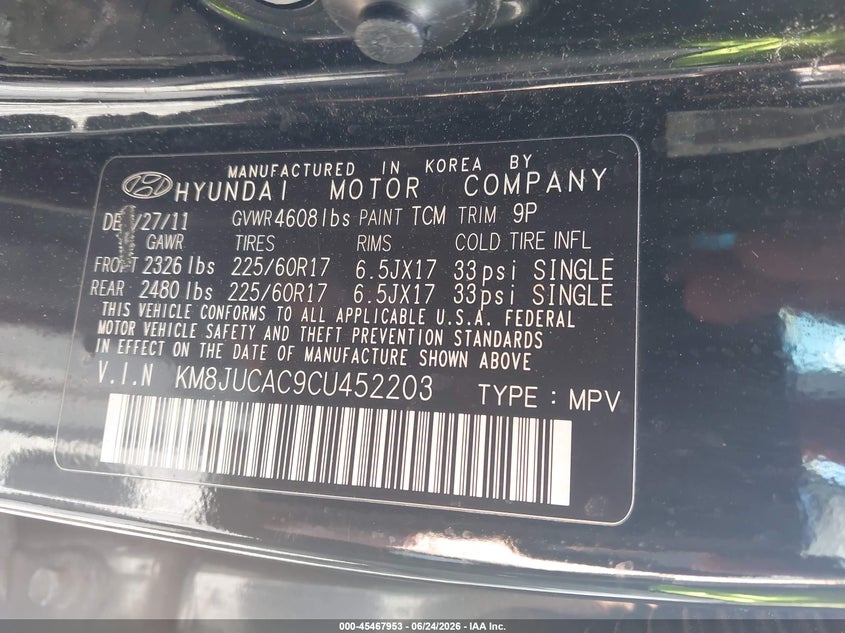 2012 Hyundai Tucson VIN KM8JUCAC9CU452203 IAAI salvage auction — NORMAL WEAR, Clear (New York), sold $1,350 on 2026-07-21 (photo 9)