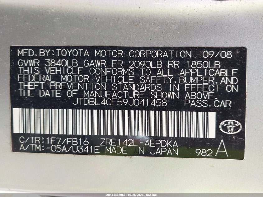 2009 Toyota Corolla VIN JTDBL40E59J041458 IAAI salvage auction — FRONT END, Bill Of Sale (Washington), sold $1,150 on 2026-07-18 (photo 9)