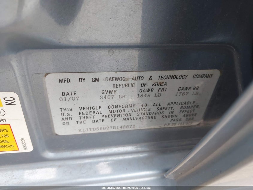 2007 Chevrolet Aveo VIN KL1TD56677B142572 IAAI salvage auction — NORMAL WEAR, Original (Ohio), sold $1,000 on 2026-07-20 (photo 9)