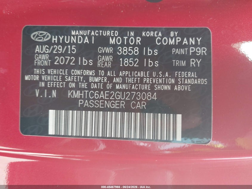 2016 Hyundai Veloster VIN KMHTC6AE2GU273084 IAAI salvage auction — FRONT END, Salvage Title, sold $1,275 on 2026-07-16 (photo 9)