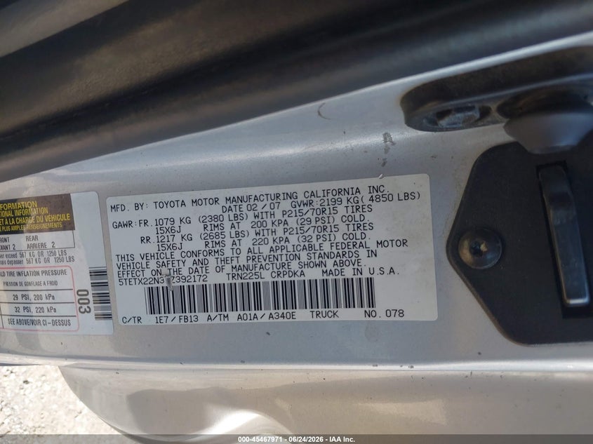 2007 Toyota Tacoma VIN 5TETX22N37Z392172 IAAI salvage auction — REAR END, Clear (Virginia), sold $2,750 on 2026-07-28 (photo 9)