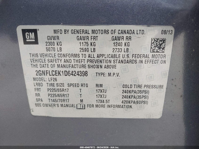 2013 Chevrolet Equinox VIN 2GNFLCEK1D6424398 IAAI salvage auction — NORMAL WEAR, Salvage Rebuilt (North Carolina), sold $550 on 2026-07-22 (photo 9)