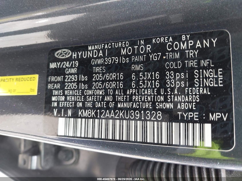 2019 Hyundai Kona VIN KM8K12AA2KU391328 IAAI salvage auction — FRONT END, Rebuildable (Florida), sold $1,775 on 2026-07-29 (photo 9)