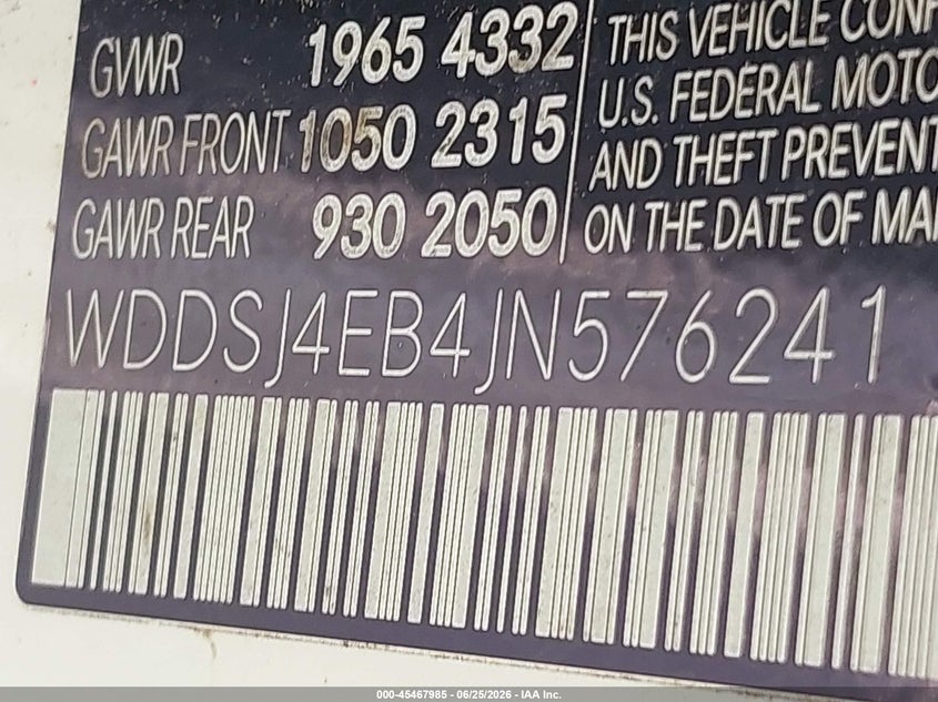 2018 Mercedes-benz Cla-klasse VIN WDDSJ4EB4JN576241 IAAI salvage auction — FRONT END, Salvage (Texas), sold $6,600 on 2026-07-08 (photo 9)
