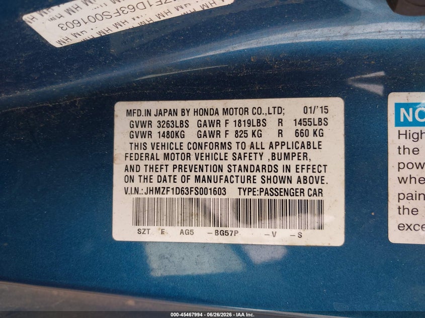 2015 Honda Cr-z VIN JHMZF1D63FS001603 IAAI salvage auction — FRONT END, Salvage Title, sold $625 on 2026-07-24 (photo 9)