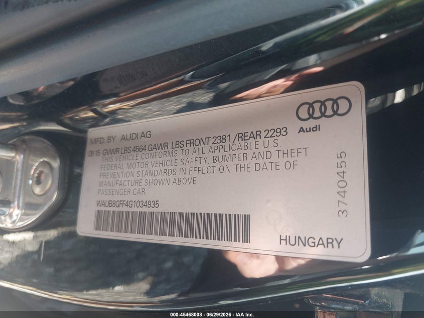 2016 Audi A3 VIN WAUB8GFF4G1034935 IAAI salvage auction — REAR END, Mv-907A (New York), sold $275 on 2026-07-28 (photo 9)