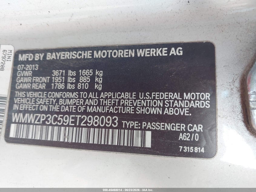 2014 Mini Convertible VIN WMWZP3C59ET298093 IAAI salvage auction — LEFT FRONT, Salvage Title, sold $750 on 2026-08-05 (photo 9)