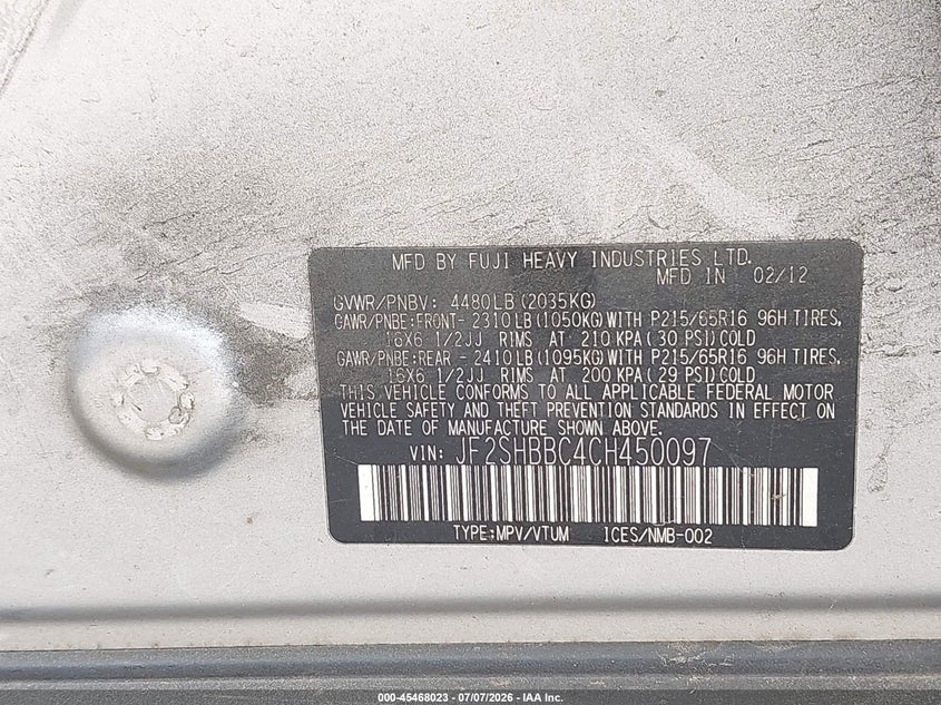 2012 Subaru Forester VIN JF2SHBBC4CH450097 IAAI salvage auction — NORMAL WEAR, Clear (South Carolina), sold $250 on 2026-07-28 (photo 9)