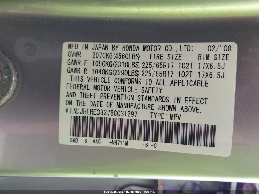2008 Honda Cr-v VIN JHLRE38378C031297 IAAI salvage auction — SUSPENSION, Salvage Title (New York), sold $400 on 2026-07-30 (photo 9)