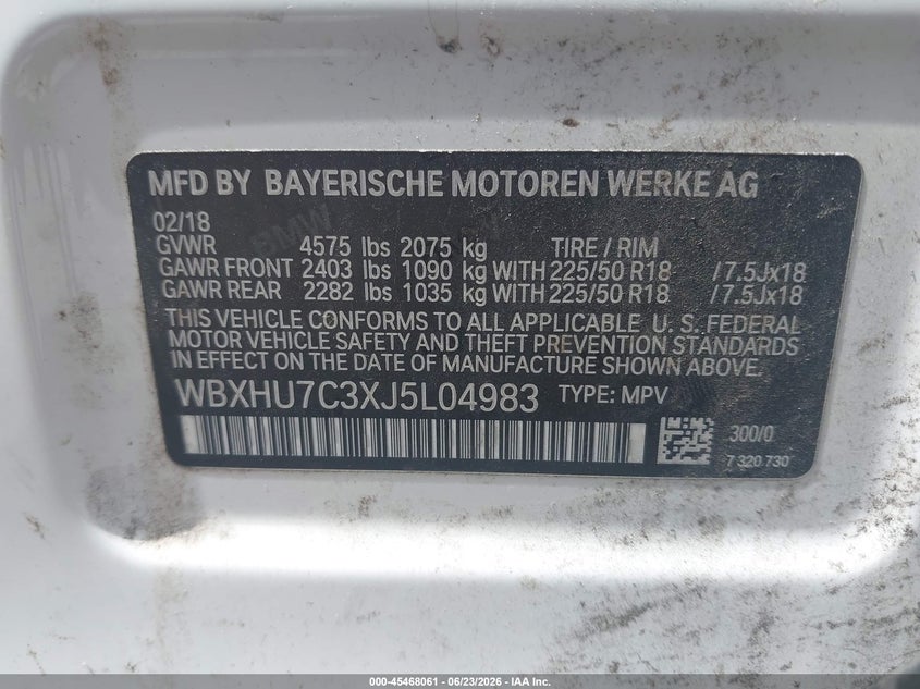 2018 BMW X1 VIN WBXHU7C3XJ5L04983 IAAI salvage auction — NORMAL WEAR, Clear (Alabama), sold $650 on 2026-07-22 (photo 9)