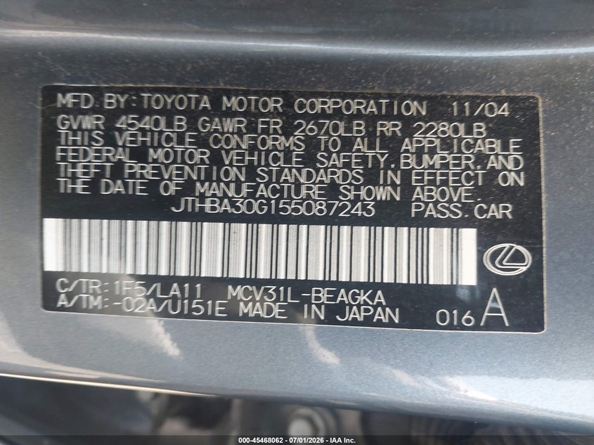 2005 Lexus Es 330 VIN JTHBA30G155087243 IAAI salvage auction — SIDE, Salvage (Idaho), sold $500 on 2026-07-15 (photo 9)