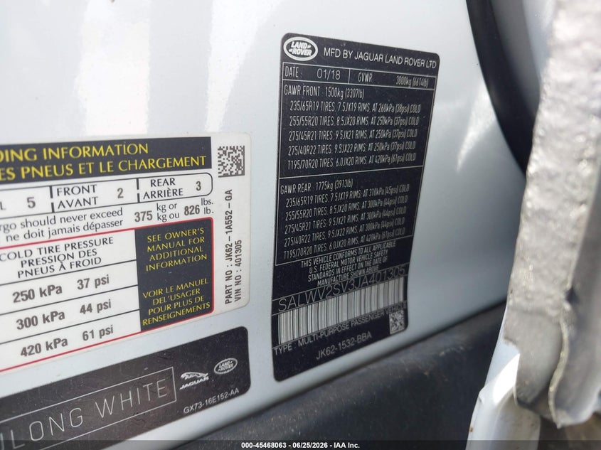 2018 Land rover Range rover sport VIN SALWV2SV3JA401305 IAAI salvage auction — NORMAL WEAR, Original (Texas), sold $9,100 on 2026-07-29 (photo 9)