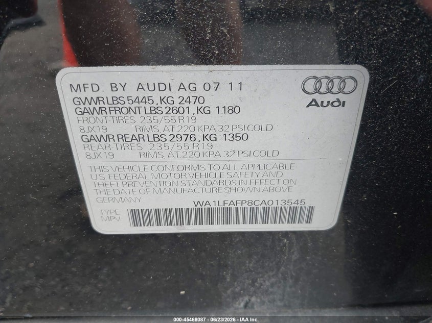 2012 Audi Q5 VIN WA1LFAFP8CA013545 IAAI salvage auction — NORMAL WEAR, Clear (New York), sold $575 on 2026-07-21 (photo 9)