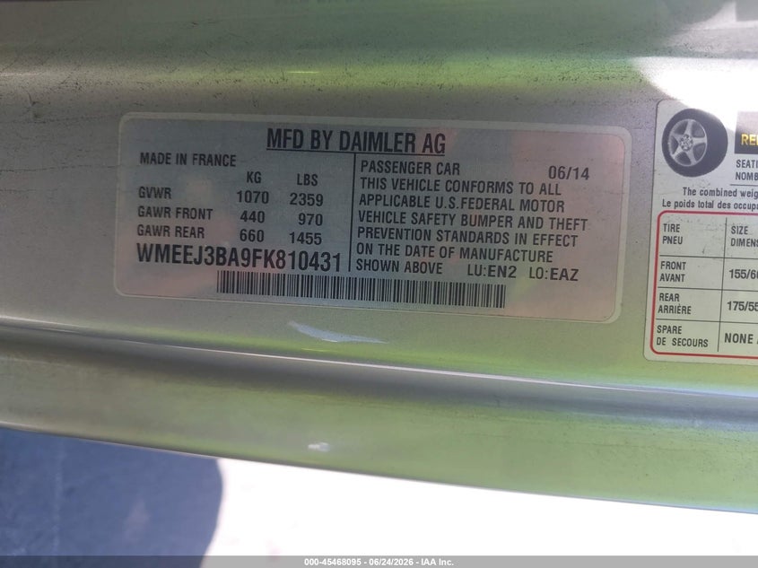 2015 Smart Fortwo VIN WMEEJ3BA9FK810431 IAAI salvage auction — FRONT END, Salvage Title, sold $1,225 on 2026-08-03 (photo 9)