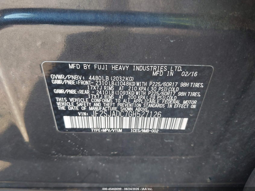 2016 Subaru Forester VIN JF2SJADC7GH527126 IAAI salvage auction — NORMAL WEAR, Clear (Florida), sold $375 on 2026-07-28 (photo 9)