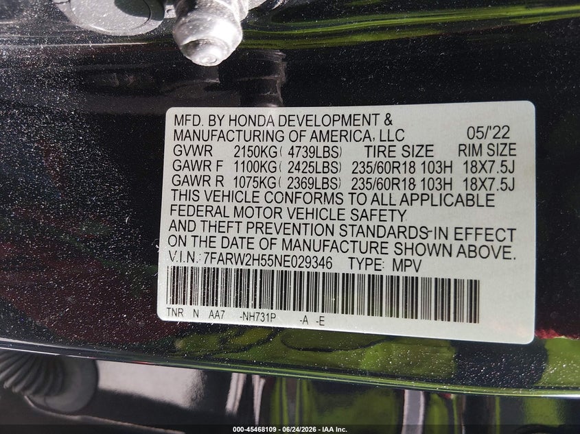2022 Honda Cr-v VIN 7FARW2H55NE029346 IAAI salvage auction — FRONT END, Salvage (Missouri), sold $5,100 on 2026-07-23 (photo 9)