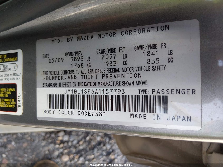 2010 Mazda 3 VIN JM1BL1SF6A1157793 IAAI salvage auction — REAR END, Salvage (Louisiana), sold $25 on 2026-07-29 (photo 9)