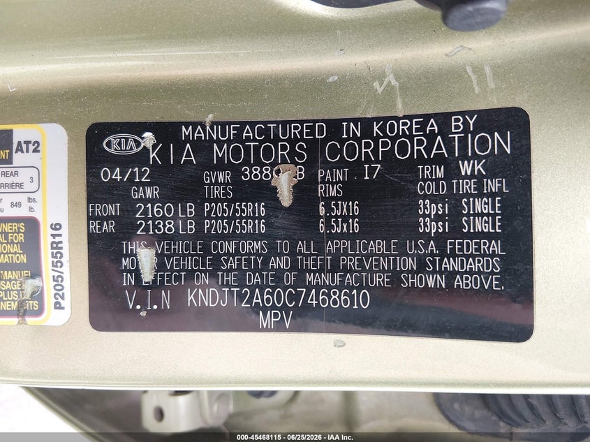 2012 Kia Soul VIN KNDJT2A60C7468610 IAAI salvage auction — NORMAL WEAR, Clear (Kansas), sold $325 on 2026-07-31 (photo 9)