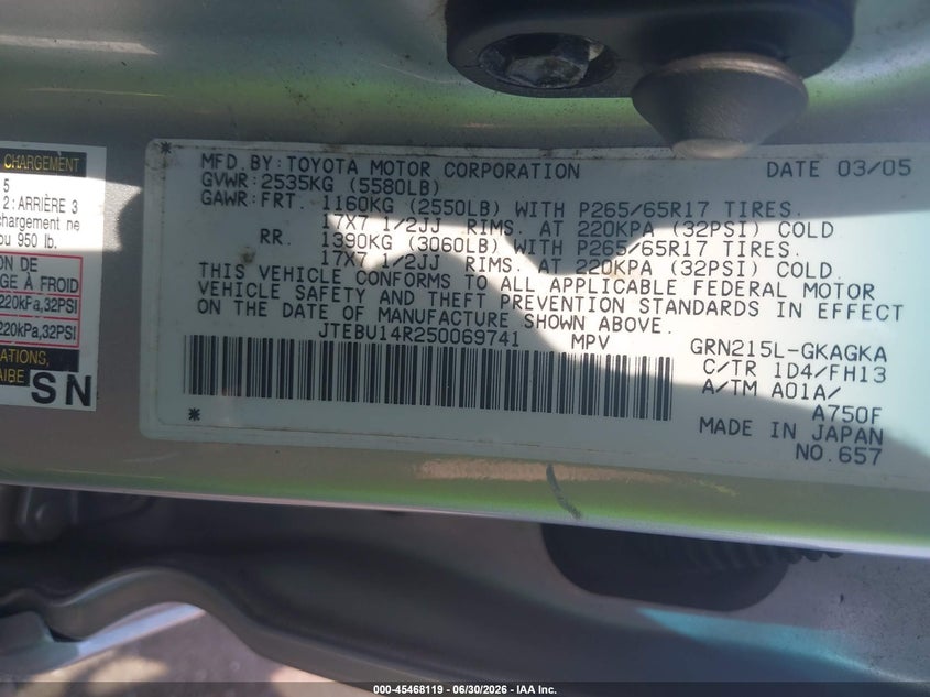 2005 Toyota 4runner VIN JTEBU14R250069741 IAAI salvage auction — NORMAL WEAR, Clear (New York), sold $3,050 on 2026-07-07 (photo 9)