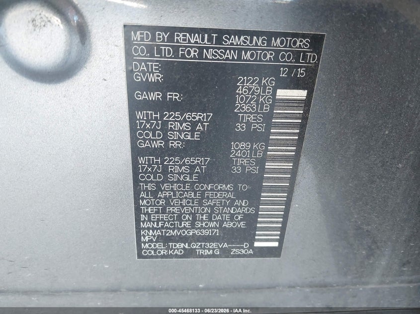 2016 Nissan Rogue VIN KNMAT2MV0GP639171 IAAI salvage auction — NORMAL WEAR, Clear (Florida), sold $725 on 2026-07-14 (photo 9)