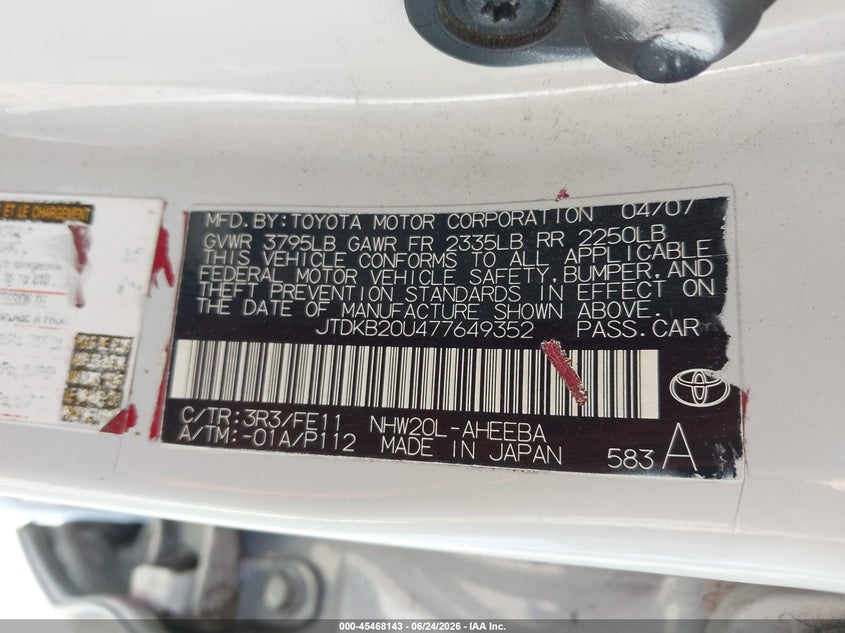 2007 Toyota Prius VIN JTDKB20U477649352 IAAI salvage auction — FRONT END, Salvage (California), sold $575 on 2026-08-01 (photo 9)