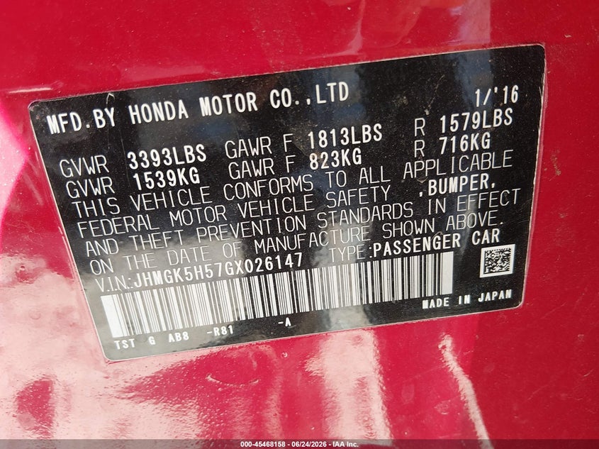 2016 Honda Fit VIN JHMGK5H57GX026147 IAAI salvage auction — FRONT END, Salvage Title, sold $1,500 on 2026-07-27 (photo 9)