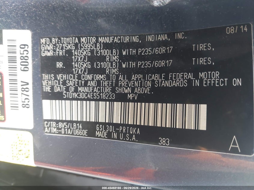 2014 Toyota Sienna VIN 5TDYK3DC4ES518233 IAAI salvage auction — FRONT END, Salvage - 75% Or Less (Maryland), sold $2,350 on 2026-07-18 (photo 9)