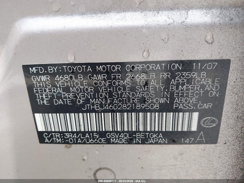 2008 Lexus ES VIN JTHBJ46G282189508 IAAI salvage auction — FRONT END, Clear - Dealer Only (California), sold $525 on 2026-07-29 (photo 9)