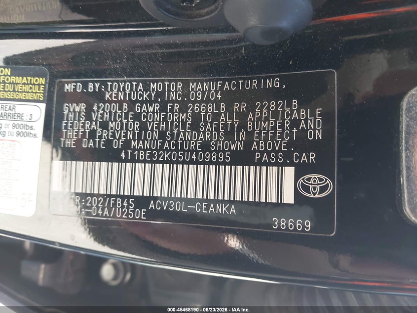 2005 Toyota Camry VIN 4T1BE32K05U409895 IAAI salvage auction — NORMAL WEAR, Clear - Dealer Only (California), sold $400 on 2026-07-09 (photo 9)