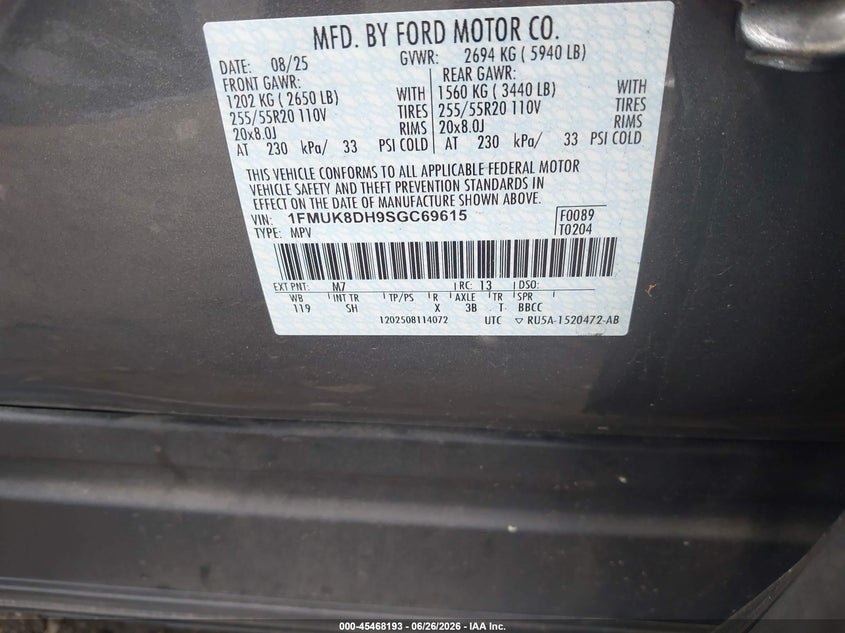 2025 Ford Explorer VIN 1FMUK8DH9SGC69615 IAAI salvage auction — REAR END, Mv-907A (New York), sold $8,100 on 2026-07-28 (photo 9)