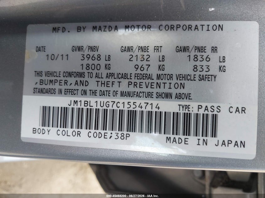 2012 Mazda 3 VIN JM1BL1UG7C1554714 IAAI salvage auction — REAR END, Clear - Dealer Only (California), sold $725 on 2026-07-08 (photo 9)
