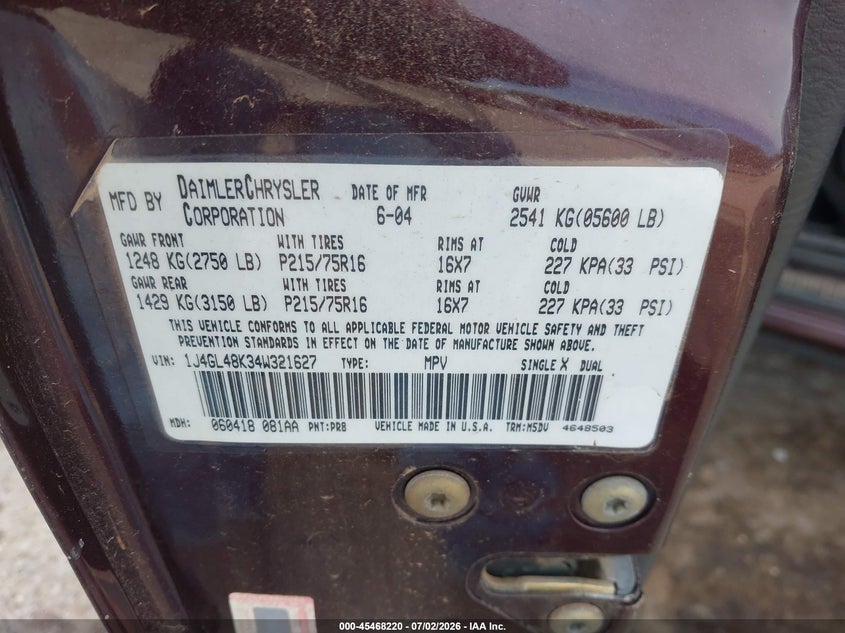 2004 Jeep Liberty VIN 1J4GL48K34W321627 IAAI salvage auction — FRONT END, Salvage (Oklahoma), sold $150 on 2026-07-23 (photo 9)