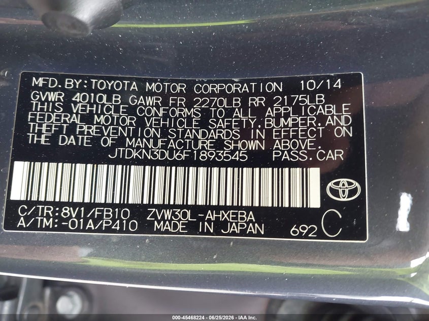 2015 Toyota Prius VIN JTDKN3DU6F1893545 IAAI salvage auction — FRONT END, Salvage (California), sold $2,450 on 2026-07-28 (photo 9)