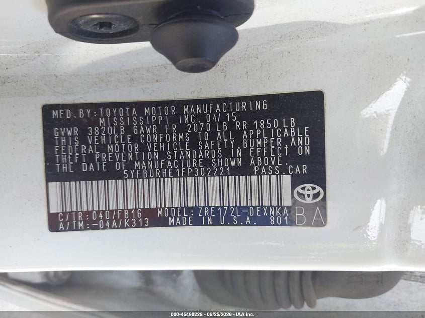 2015 Toyota Corolla VIN 5YFBURHE1FP302221 IAAI salvage auction — NORMAL WEAR, Original (Texas), sold $1,900 on 2026-07-14 (photo 9)