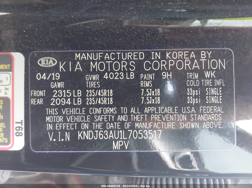 2020 Kia Soul VIN KNDJ63AU1L7053517 IAAI salvage auction — LEFT FRONT, Salvage (Tennessee), sold $2,750 on 2026-07-29 (photo 9)