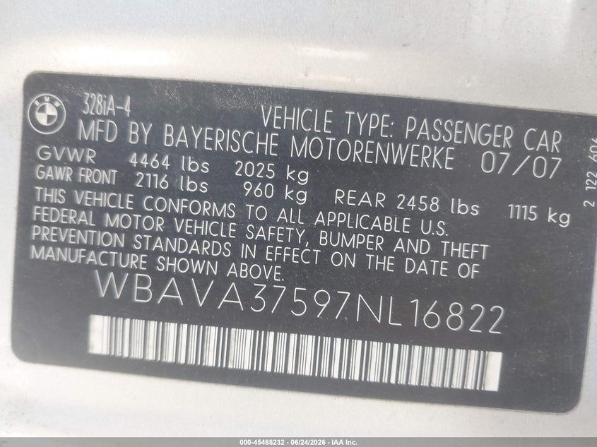 2007 BMW 3 series VIN WBAVA37597NL16822 IAAI salvage auction — RIGHT REAR, Reconstructed (Massachusetts), sold $425 on 2026-07-17 (photo 9)