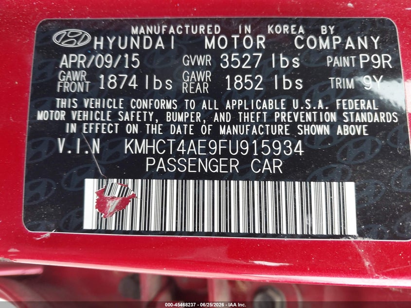 2015 Hyundai Accent VIN KMHCT4AE9FU915934 IAAI salvage auction — NORMAL WEAR, Clear (Pennsylvania), sold $275 on 2026-07-22 (photo 9)