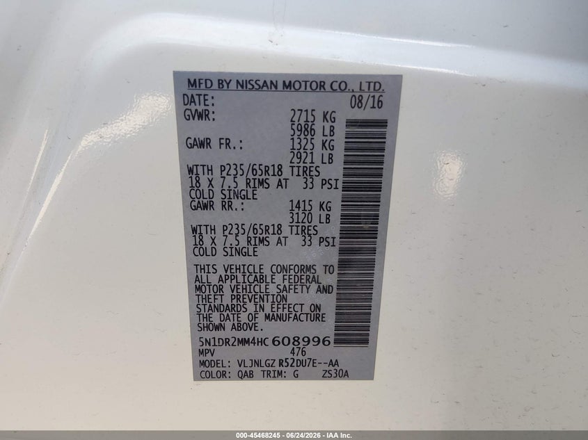 2017 Nissan Pathfinder VIN 5N1DR2MM4HC608996 IAAI salvage auction — HAIL, Salvage Title, sold $3,225 on 2026-07-31 (photo 9)
