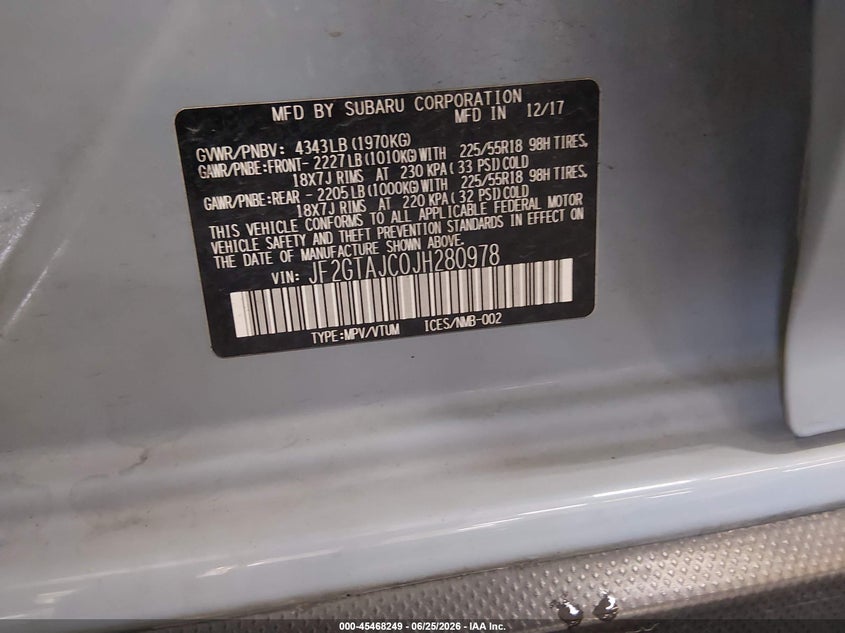 2018 Subaru Xv VIN JF2GTAJC0JH280978 IAAI salvage auction — FRONT END, Salvage (Idaho), sold $3,500 on 2026-07-10 (photo 9)