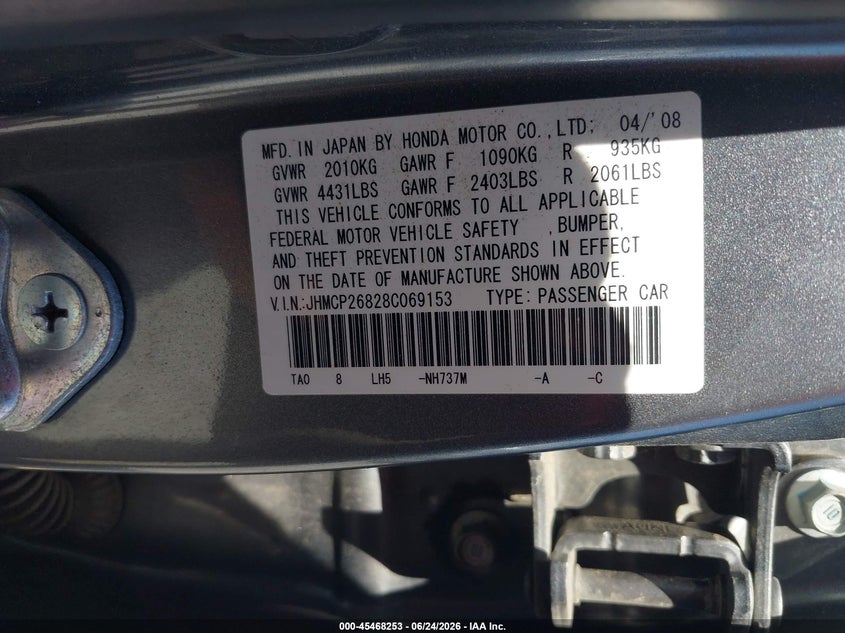 2008 Honda Accord VIN JHMCP26828C069153 IAAI salvage auction — MECHANICAL, Clear - Dealer Only (California), sold $375 on 2026-07-28 (photo 9)